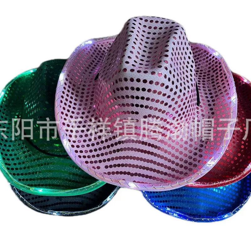 Factory direct LED sequins glowing western denim hat Halloween performance hat jazz hat colorful denim hat