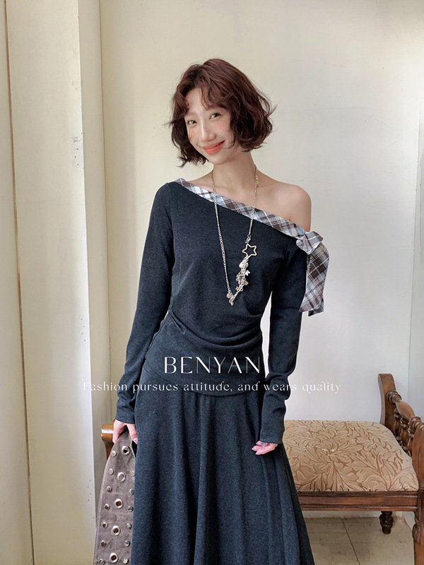 本言法式一字肩两件套绑带拼接小个子时尚套装女82238长袖套装|undefined