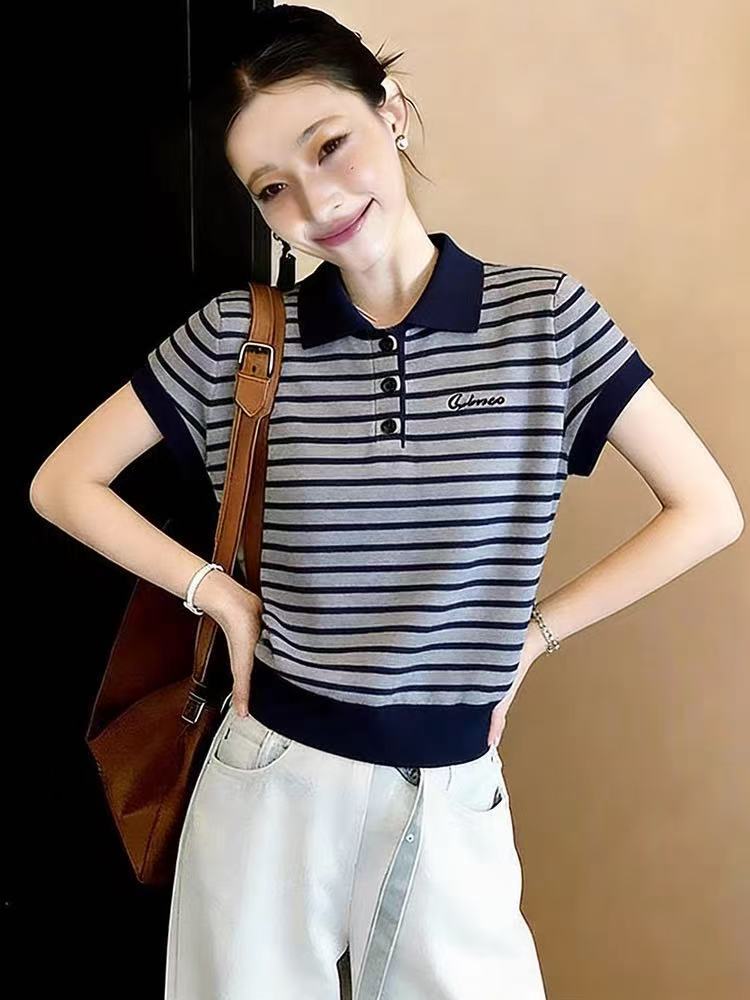 Áo thun polo nữ tay ngắn sọc kẻ phong cách Hàn Quốc — Sọc