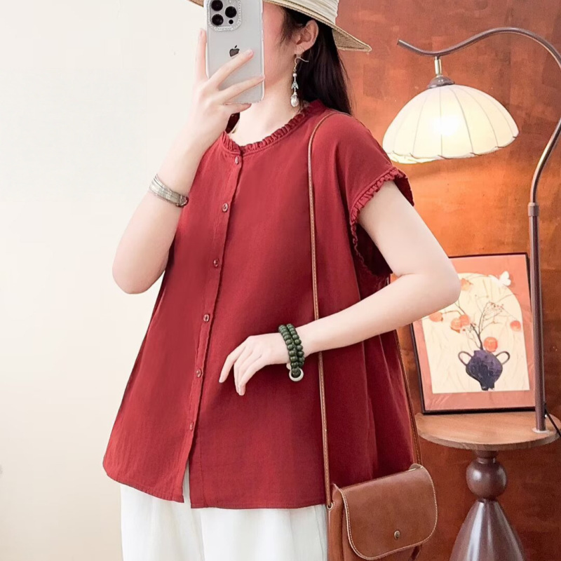 Korean Style 2026 Summer New Double-Layer Gauze Cardigan with Ruffled Edges, Loose Plus-Size Women's Short-Sleeve Shirt Top