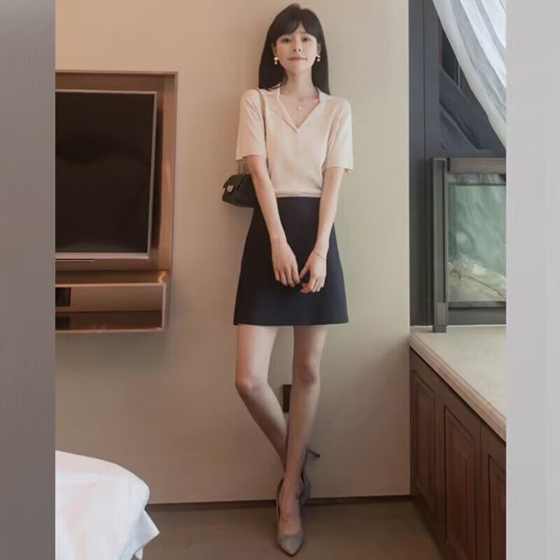 Áo cardigan nữ cổ POLO dệt kim lụa băng tay ngắn mùa hè — Màu trắng sữa chi tiết 4