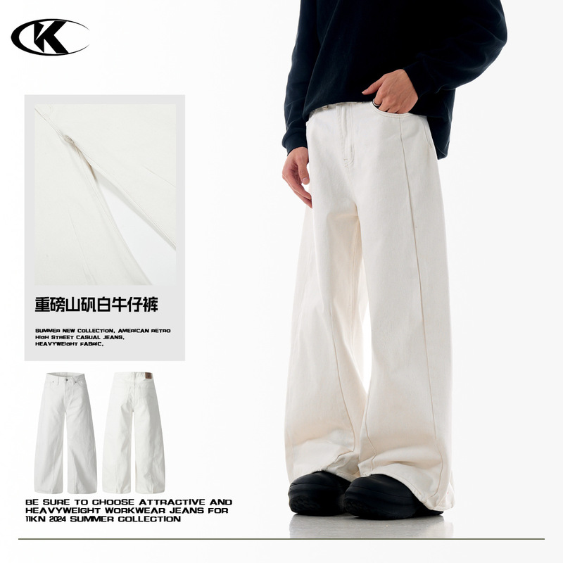 11Kn American Retro Alum White Scimitar Straight Jeans for Men and Women Slimming Look Loose Stereo Cut Casual Pants