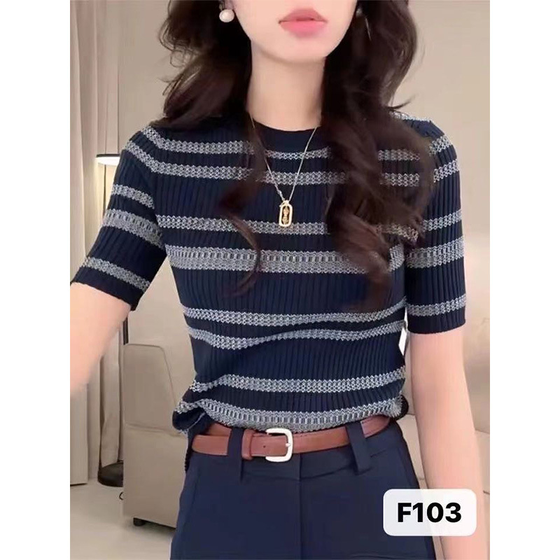 Summer Knitted Knitwear Short-Sleeved T-Shirt Women's Stripesd Fashion Design Breathable Texture Casual High-End Texture Factory Wholesale