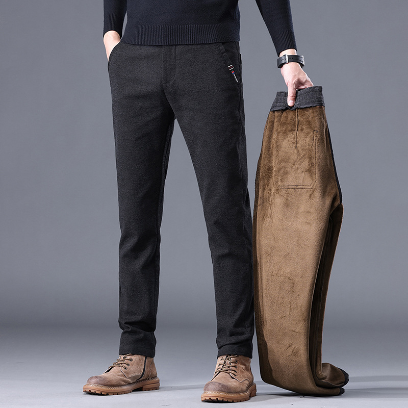 Otoño e invierno pantalones casuales antiarrugas de los hombres de fácil cuidado slim fit pantalones de los hombres chenille forrado de lana engrosada pequeños pantalones rectos niños