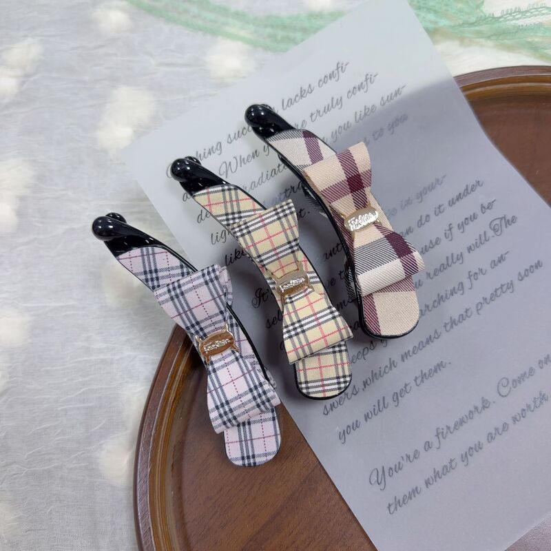 Korean-style simple plaid bow banana clip, new classic versatile gold label large size 11cm ponytail clip for women