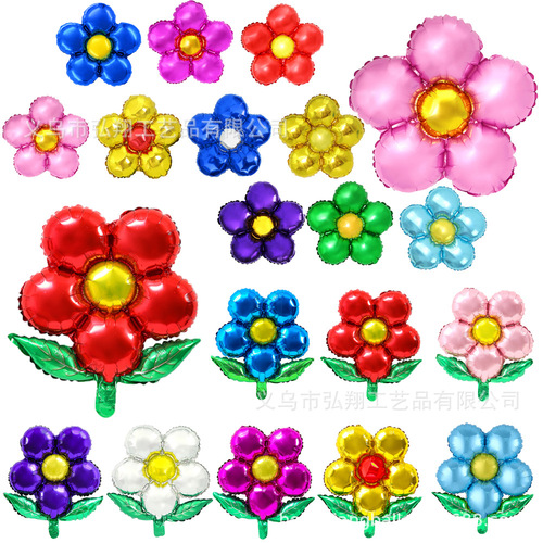 Five-petal flower green leaf round aluminum film balloon opening celebration flower shape party wedding decoration arrangement balloon