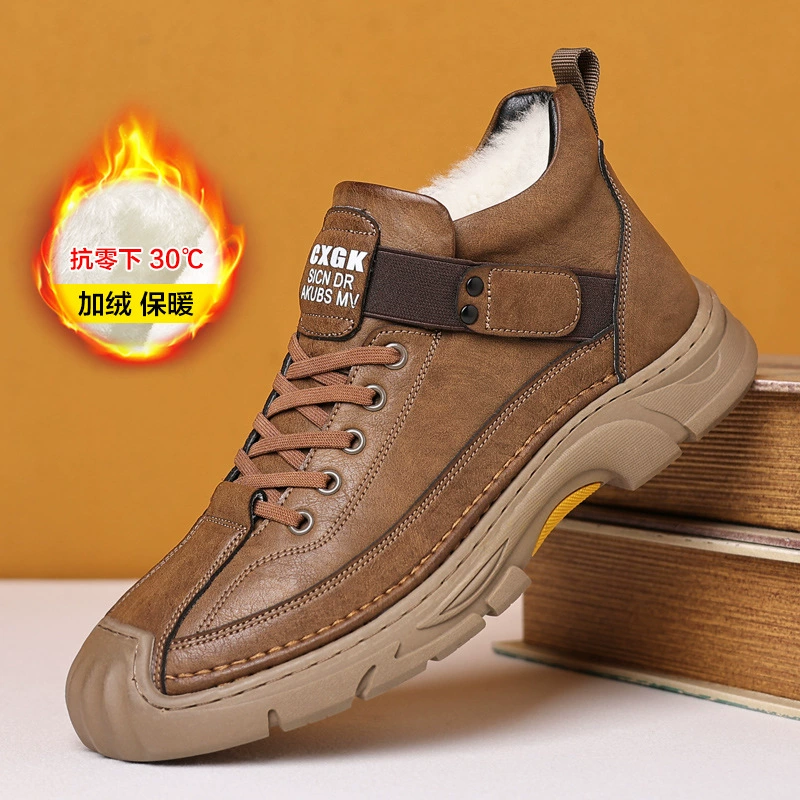 Мужская обувь напрямую с фабрики, зимняя теплая хлопчатобумажная обувь на флисовой подкладке, Мужская Уличная кожаная обувь, высокие уличные ботинки, трендовые универсальные