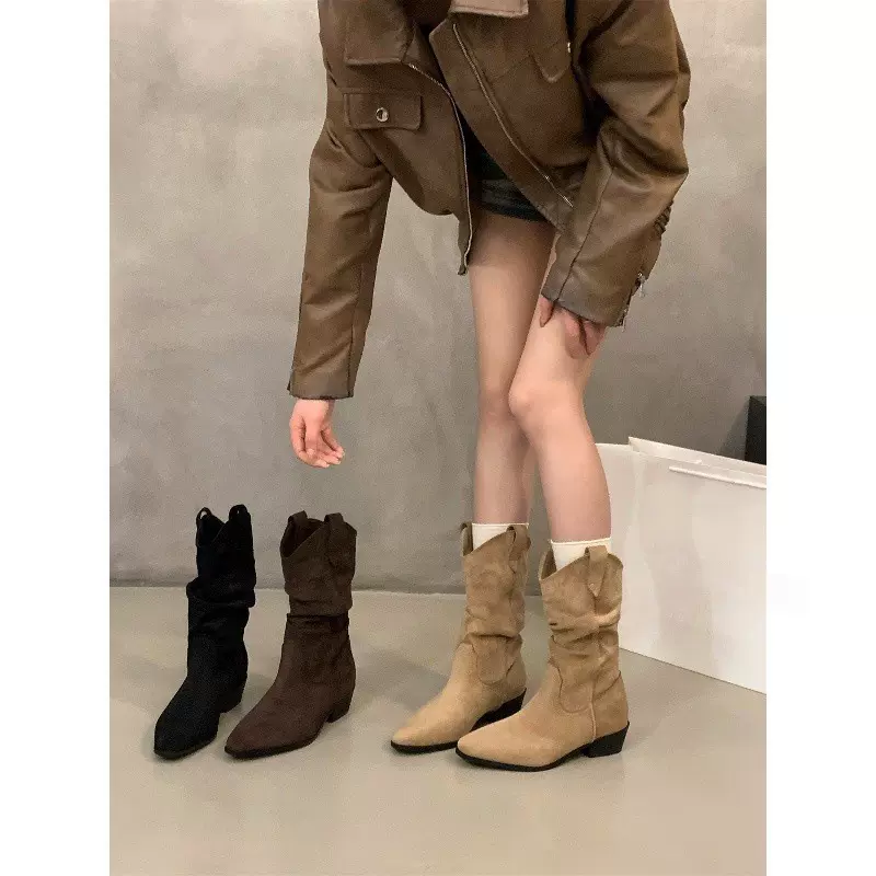 粗跟卡其色绒面堆堆中筒骑士靴女靴子2025秋冬季尖头V口瘦瘦短靴