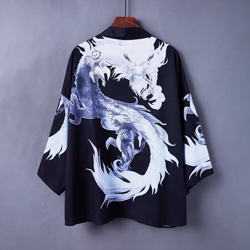 Dragon Robe kimono robe men's retro Ukiyo-painted crane loose Hong Kong style trendy three-quarter sleeve cardigan shirt thin coat