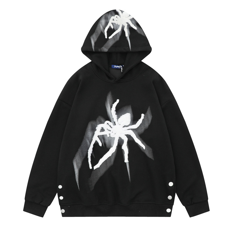 高街潮牌设计感植绒蜘蛛连帽卫衣男春秋潮流下摆纽扣开叉嘻哈帽衫
