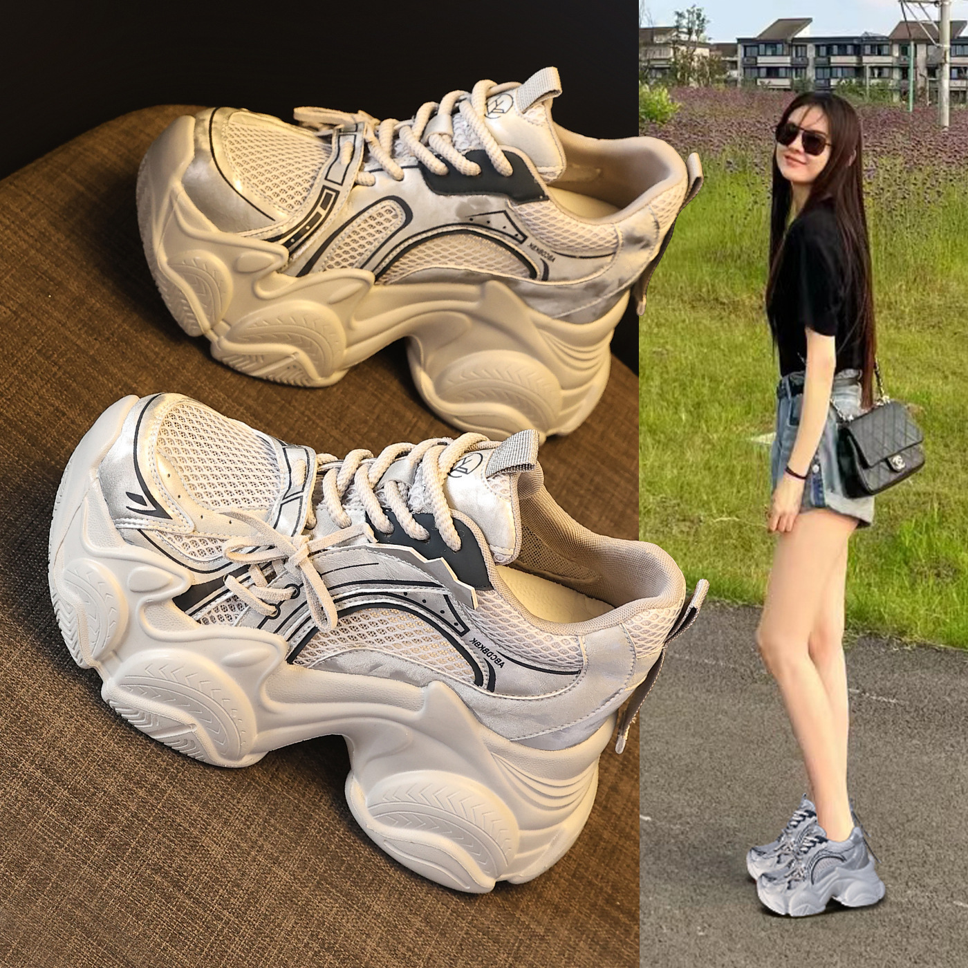 Giày sneaker nữ đế dày tăng chiều cao lưới thoáng khí phong cách giày bố — màu trắng