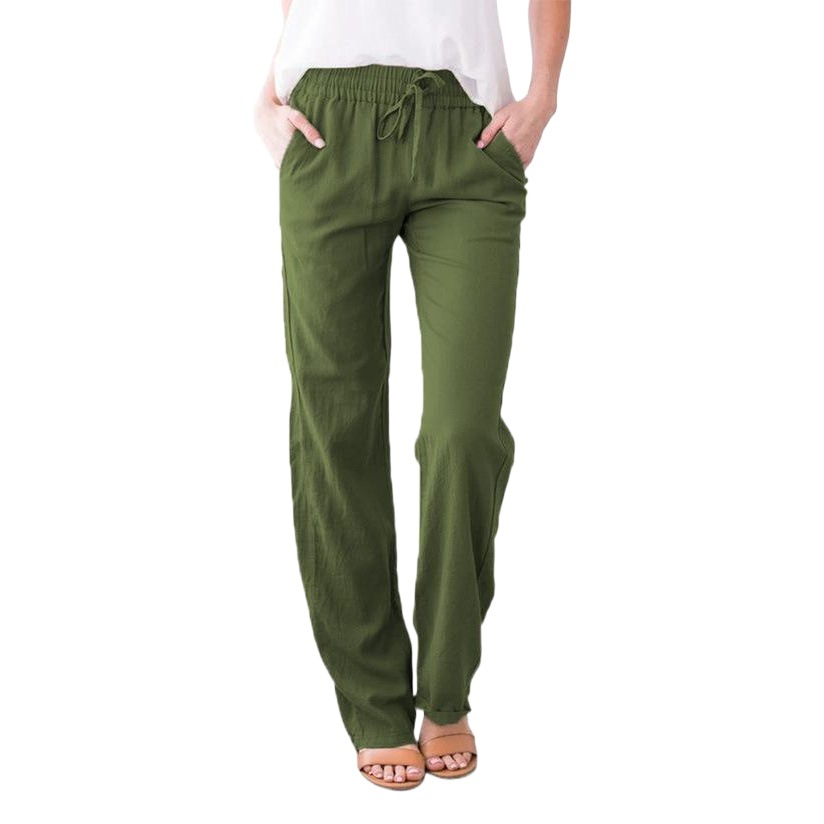 Ropa de mujer, Amazon, eBay, sitio independiente, pantalones anchos casuales de algodón y lino de color liso con cordón, pantalones anchos de exportación image 1
