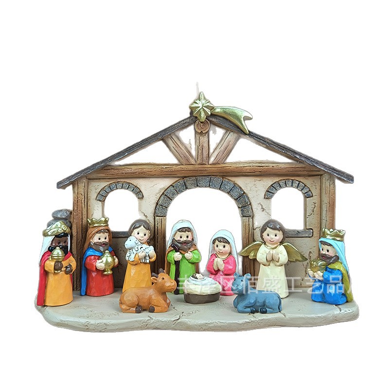 Navidad transfronteriza regalos de nacimiento escena de pesebre decoración imitación de madera resina artesanía decoración para el hogar de vacaciones