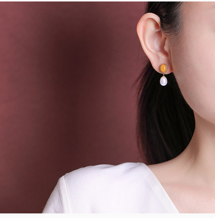 Bông tai bạc S925 mạ vàng đính ngọc trai nước ngọt và đá jasper sáp ong mặt trứng phong cách retro — Mô hình sáp ong chi tiết 6