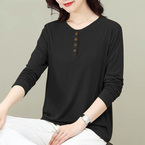 Women's Loose Fitting Crew Neck T-Shirt with Button - New Fall Collection, Large Size, Casual and Literary Style, Long Sleeve Top, Trendy and Slimming