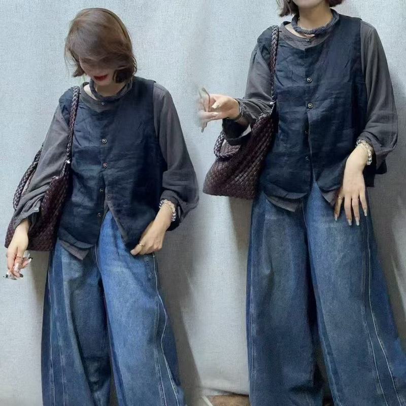 2025秋韩版宽松简约亚麻贴布口袋双层马甲百搭休闲无袖上衣女2686|undefined