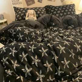 韩系高颜值黑色漫天星加厚牛奶绒四件套被套冬天珊瑚绒三件套