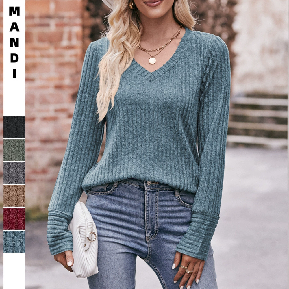 Новинка 2025: женская футболка с длинным рукавом для трансграничной торговли, однотонная, с V-образным вырезом, из начесанного рубчатого трикотажа, модный топ для женщин (Amazon)