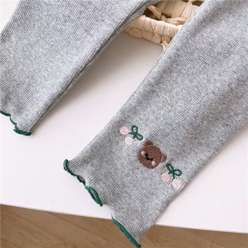 Для девочек 2025 летний медведь вишневый вышивка леггинсы