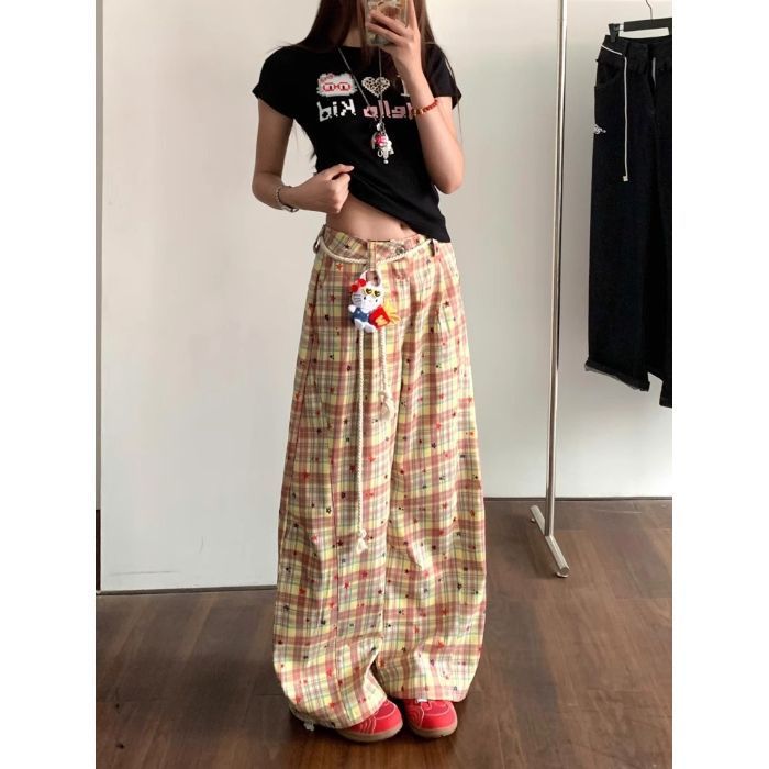 アメリカンレトロなピンクのチェック柄パンツ、女性用夏のスタープリントスリムストレートパンツ、ゆったりとしたカジュアルなドレープワイドレッグパンツ|undefined