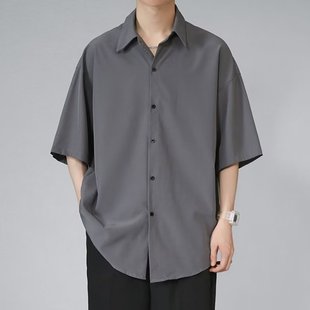 Cuban collar short sleeve shirt men's trendy loose high-grade thin casual draping high-grade half-sleeve ice silk shirt