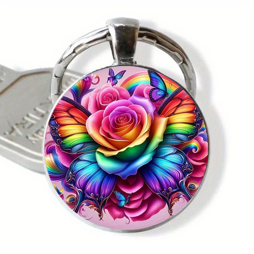 Keychain with a magical and beautiful seven-color divine flower pattern glass pendant, personalized keychain