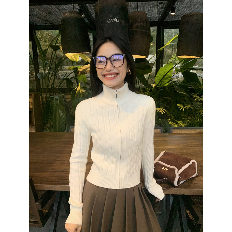 复古设计感麻花套头针织衫女秋冬新款韩系拉链休闲长袖套头上衣女|undefined