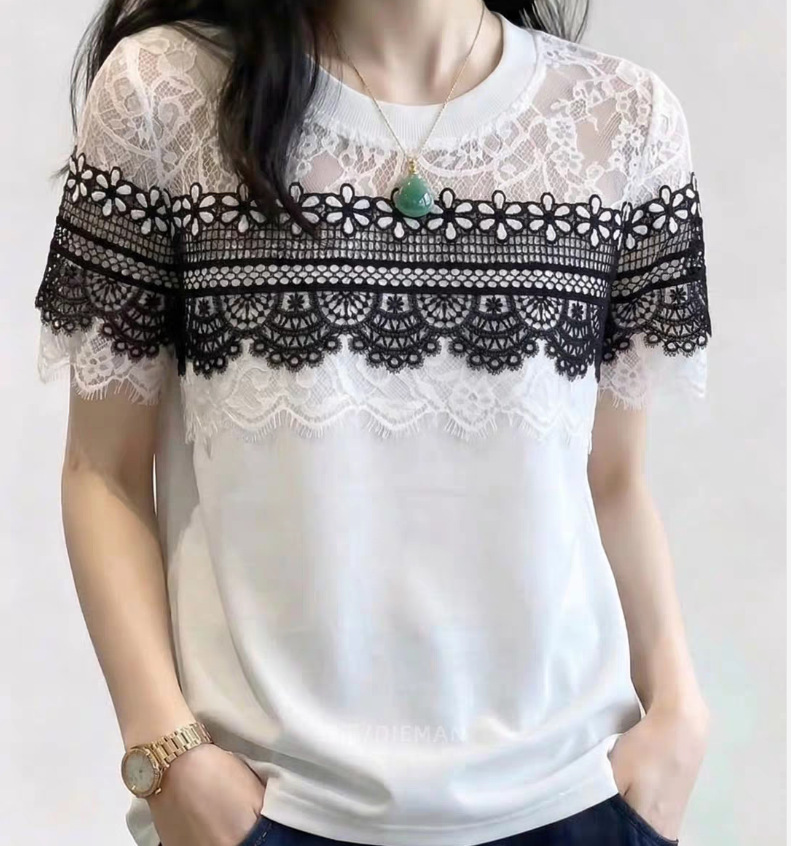 Áo thun nữ tay ngắn ren phối cổ tròn trắng thiết kế cao cấp — màu trắng chi tiết 6