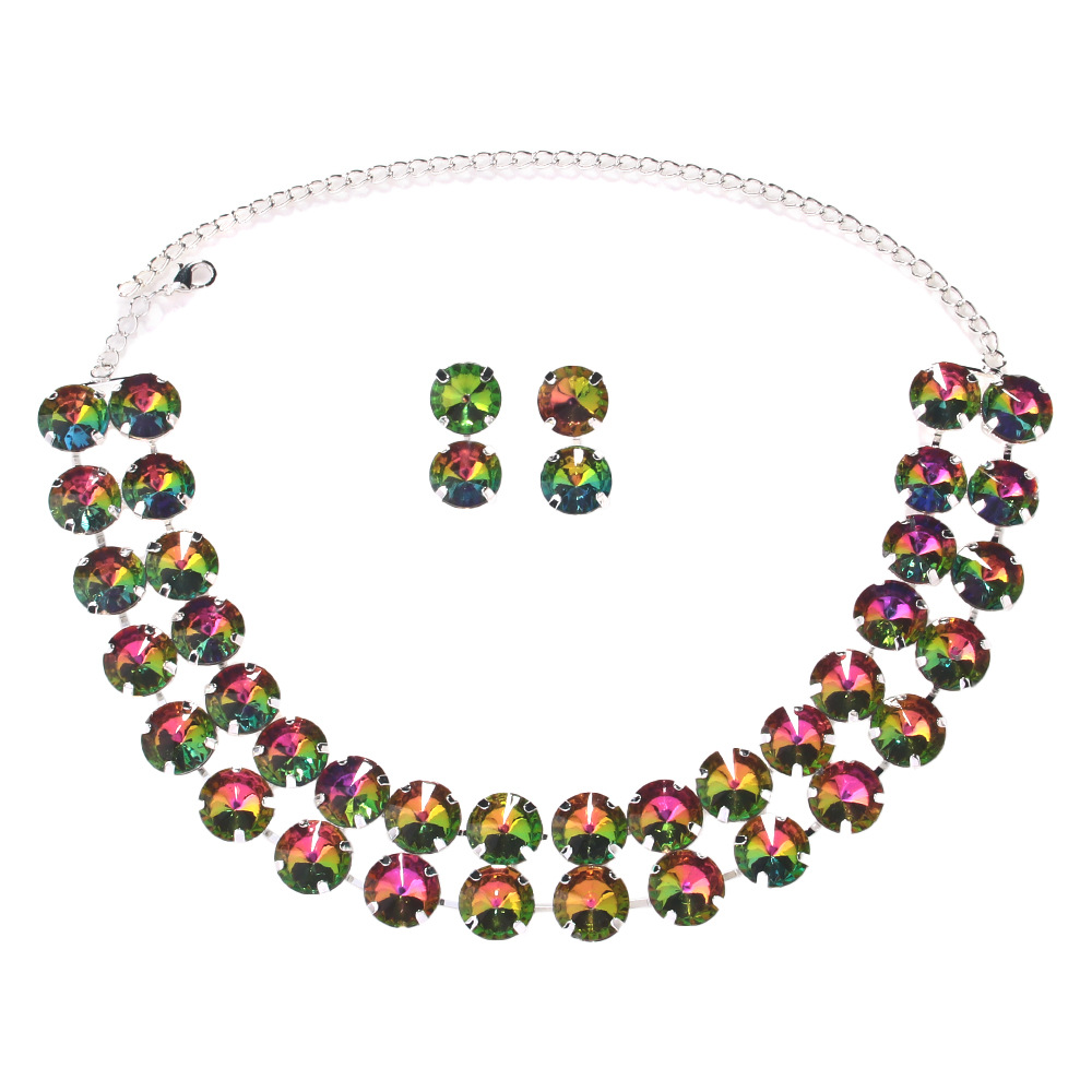 Conjunto de joyas redondas de doble capa simple, temperamento, clavícula de diamante, accesorios de pendientes de novia, conjunto de joyería