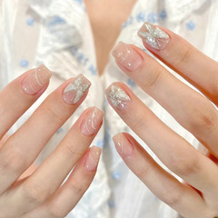 網紅穿戴甲批發中長款白色蝴蝶線條顯白指甲貼片24片學生美甲甲片