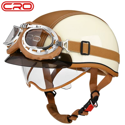 and Electric Bikes, Japanese-Style Helmet, Motosiklet kaskı (dəbilqə) - cro-summer-helmet-off-white-transparent-mirror-yellow-leather-goggles-m-55-56cm-head-circumference