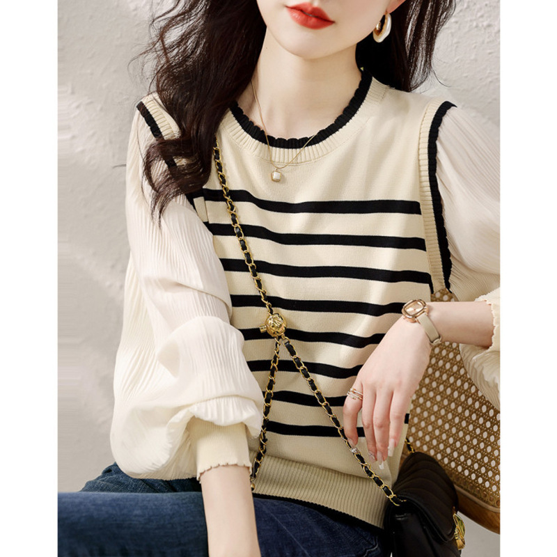 Cross-Border Spliced Lace Collar Sweater Spring New Striped Lantern Sleeve Top Commuting Versatile Women's Sweater