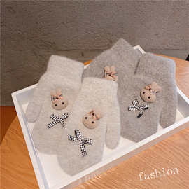 韩国户外外出手套包指学生加厚双层毛线针织卡通兔子秋冬手套秋冬