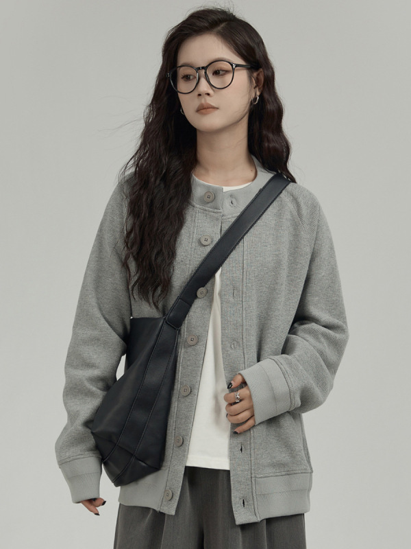 「HUIXI」灰色开衫毛衣女2025秋季款慵懒美式chic棒球服卫衣外套|undefined