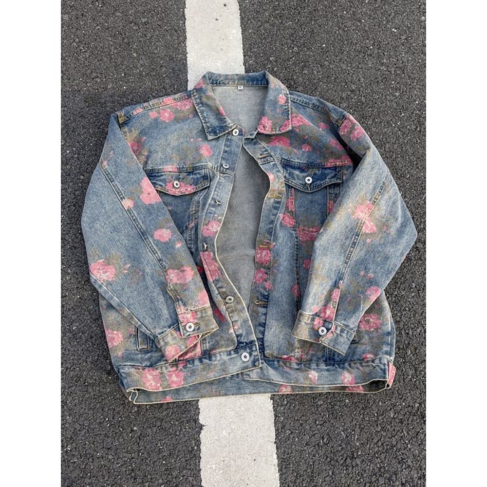 Men's Clothing Unisex Floral Print Denim Jacket Spring Autumn Trendy Designer Collared Workwear Jacket American High Street Style_mkmklike.com
