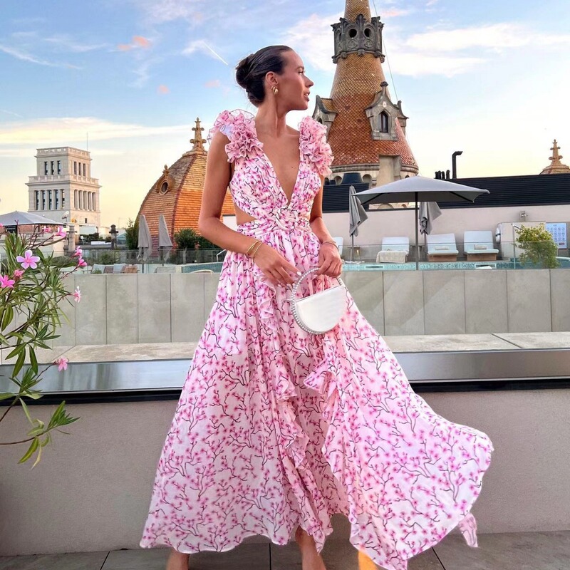 European and American Cross-Border New Fashion Women's Ins Holiday Long Skirt Pastoral Style Floral Cut Out Dress Large Skirt