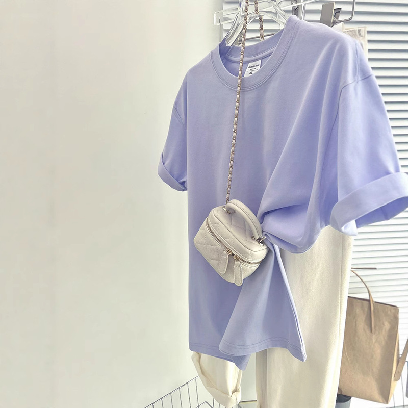 Lavender Purple Right Shoulder Short-Sleeved T-Shirt for Women Summer New Oversize Design Loose T-Shirt Top