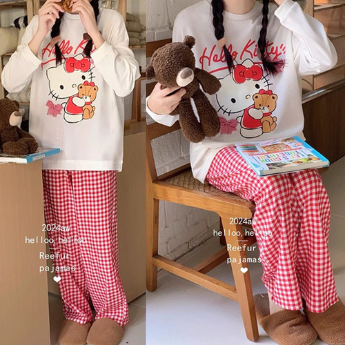 Spring and Autumn Style Loose Round Neck Cute Cartoon Cat Homecoming Set with Long Sleeve Top and Bottom Pants