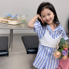 女童套裝韓國夏季新款洋氣時髦吊帶外搭女孩條紋襯衫裙兒童連衣裙