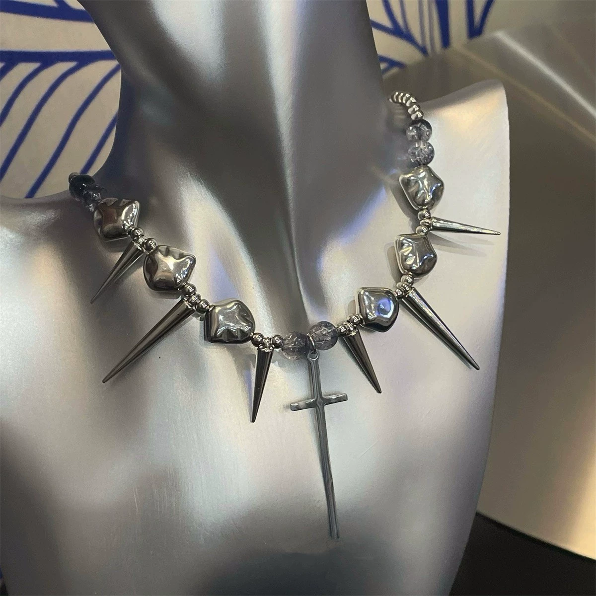Choker Cluber Metal-Leather Collar, Y2K Subculture Style, Chain & Cross Charms
