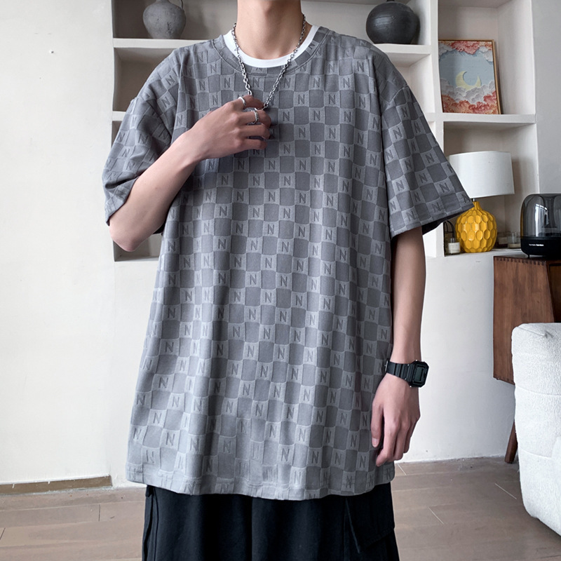 Nicho de diseño texturizado jacquard hombre de manga corta estilo de Hong Kong tendencia de verano transpirable camiseta casual abrigo image 4
