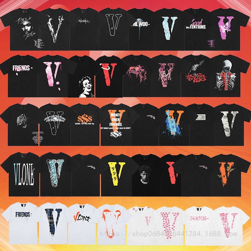 Foreign Trade Vlone Trendy Brand Summer Big V Letter Logo Cherry Blossom Short-Sleeved Sketch Embroider Lip Print Graffiti Print T-Shirt
