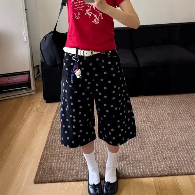 American Retro Polka Dot Cropped Jeans for Women, New Summer Style, Loose Wide-Leg Pants, Trendy Versatile High-Waisted Slimming Design American Retro Polka Dot Cropped Jeans for Women, New Summer Style, Loose Wide-Leg Pants, Trendy Versatile High-Waisted Slimming Design