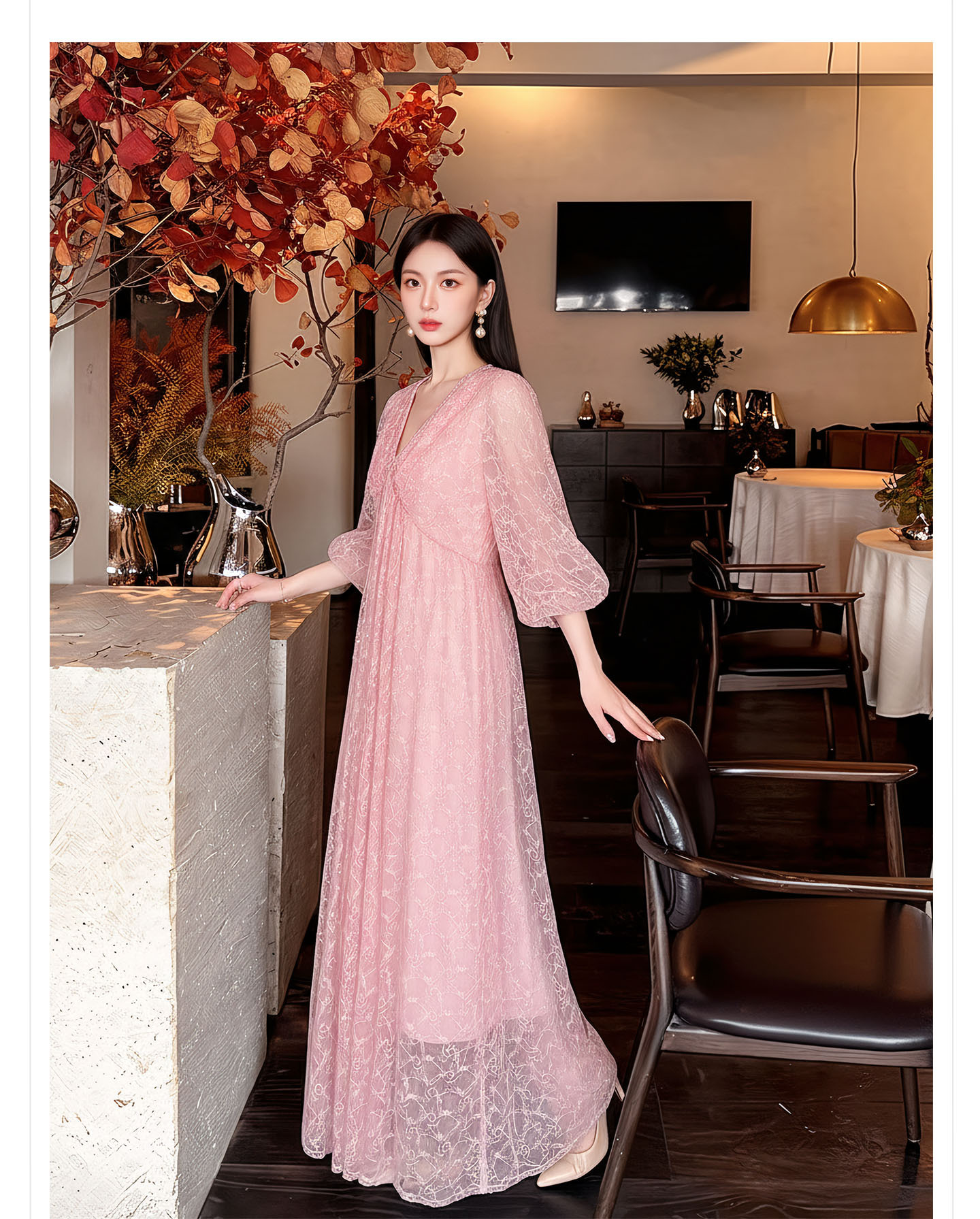 Đầm maxi nữ phong cách Tân Trung Hoa họa tiết batik ren jacquard dáng dài — Trang chủ chi tiết 6