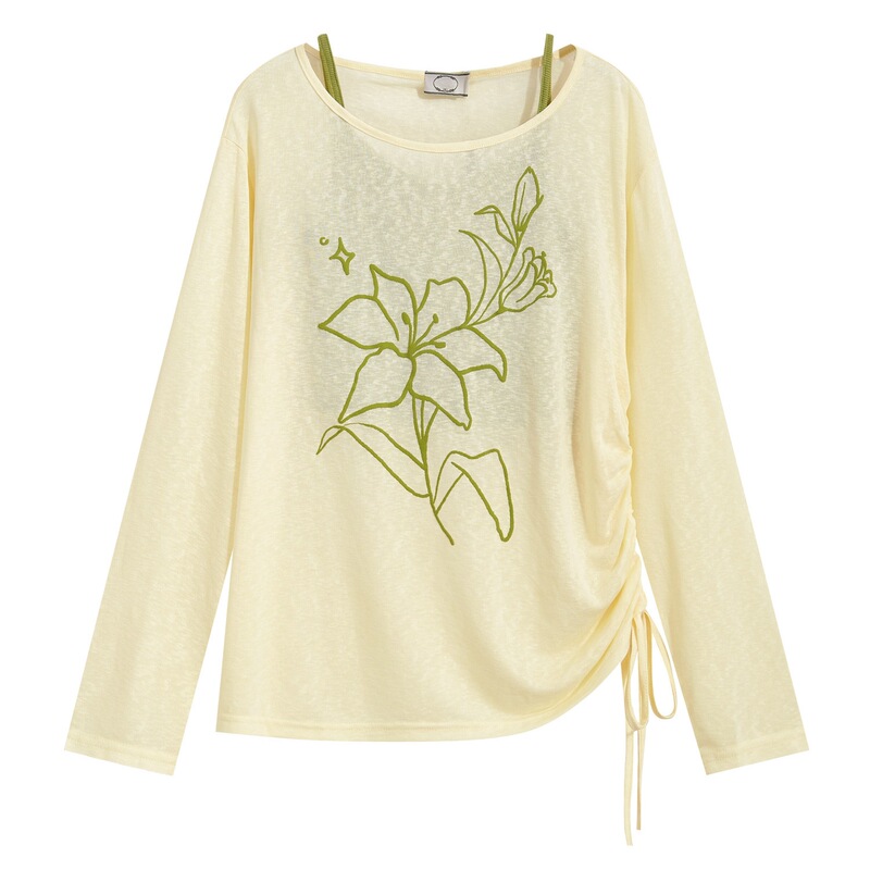 Lyocell Long-Sleeve Asymmetrical Shoulder Blouse for Women, Summer Thin Sun-Protective Yellow Top, Layered with a Camisole T-Shirt Two-Piece Set