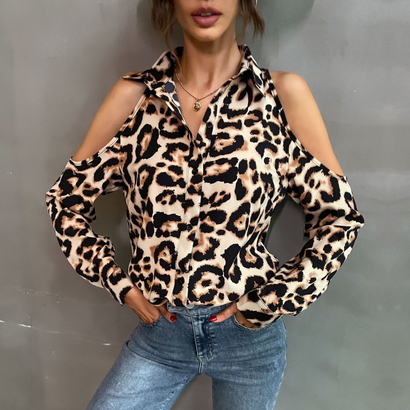 Leopard Print Lapel Long-sleeved Off-shoulder Shirt_voghion.com