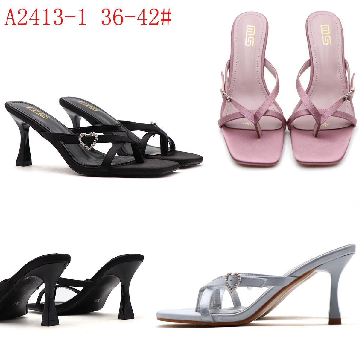 Nuevos productos transfronterizos de otoño e invierno 2024 zapatos de mujer con hebillas negras en forma de corazón y tirantes de tacones altos para gatitos con sandalias frías en los dedos de los pies