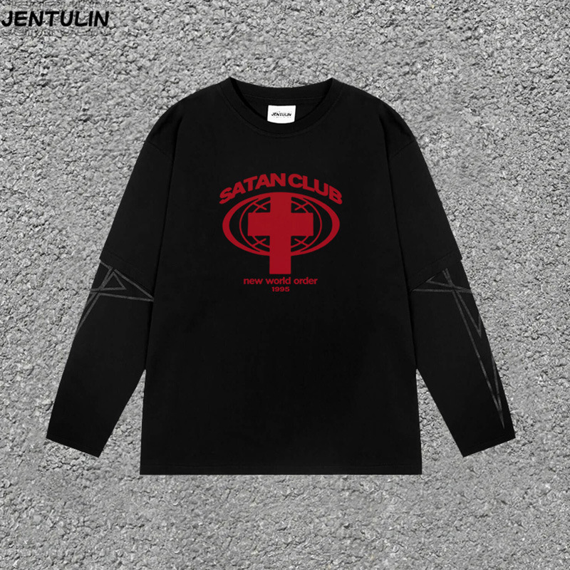 European and American Cross-border plus size Trendy Brand Letter Printed T-shirt Satan Club Fake Two-piece Long-sleeved Crewneck Pullover Male T