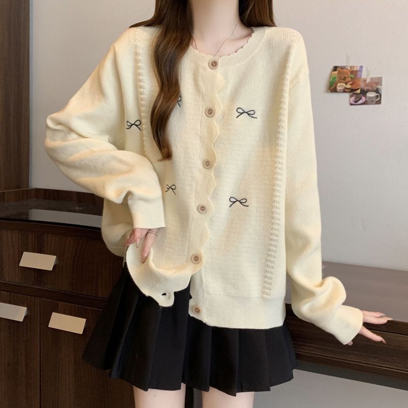 设计感纯色圆领毛衣外套女秋季新款宽松显瘦蝴蝶结针织开衫上衣|undefined