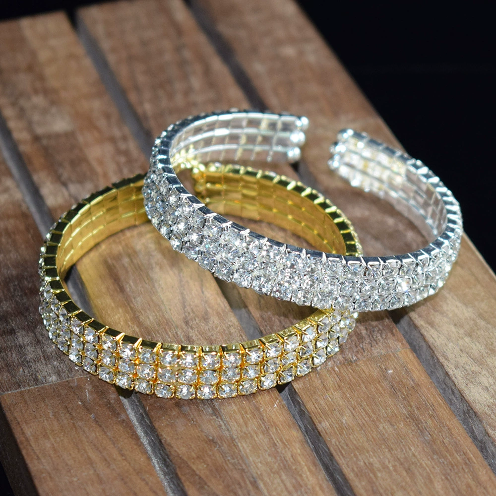 Браслет с rhinestones SL-1006, электропорошение серебро/золото, многорядный 1–5 слоев